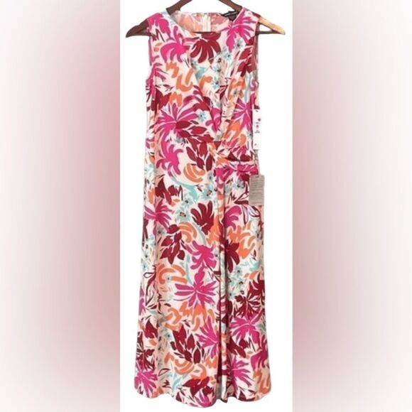 Maggy London Womens Pink Orange Tropical Sleeveless Midi Dress NWT - Picture 2 of 10
